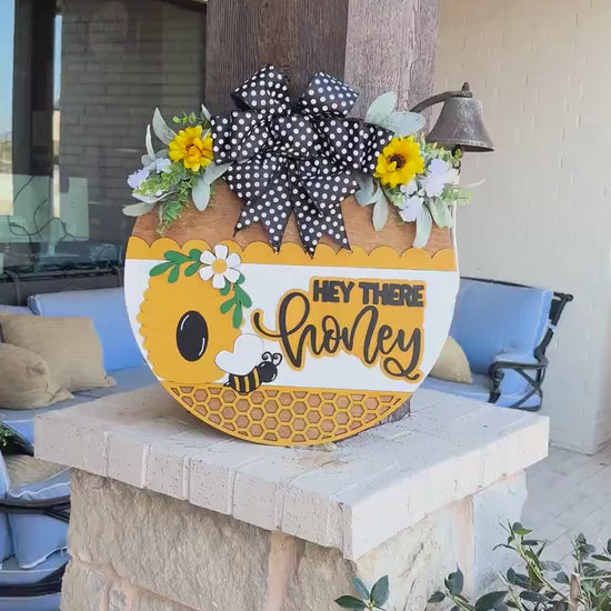 Hey There Honey SVG, Bee Door Hanger Laser Cut File, Beehive Round Sign, Farmhouse Porch Decor, Honeycomb Layered Sign, Glowforge xTool File