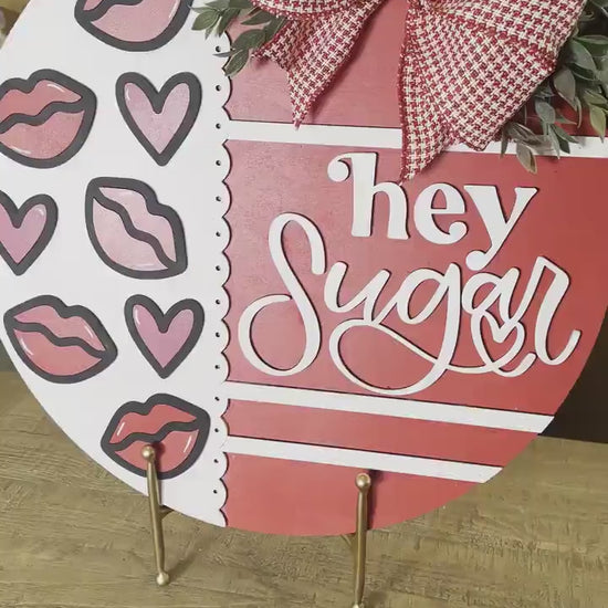 Hey Sugar SVG Laser Cut File, Valentine's Day Door Hanger Template, Kiss and Heart Round Sign Design, Glowforge & Xtool Compatible