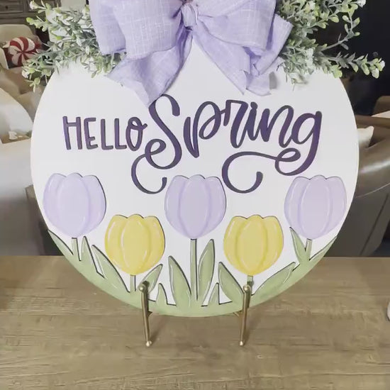 Hello Spring SVG Laser Cut File, Tulip Door Hanger Template, Round Spring Sign Design, Glowforge & Xtool Compatible