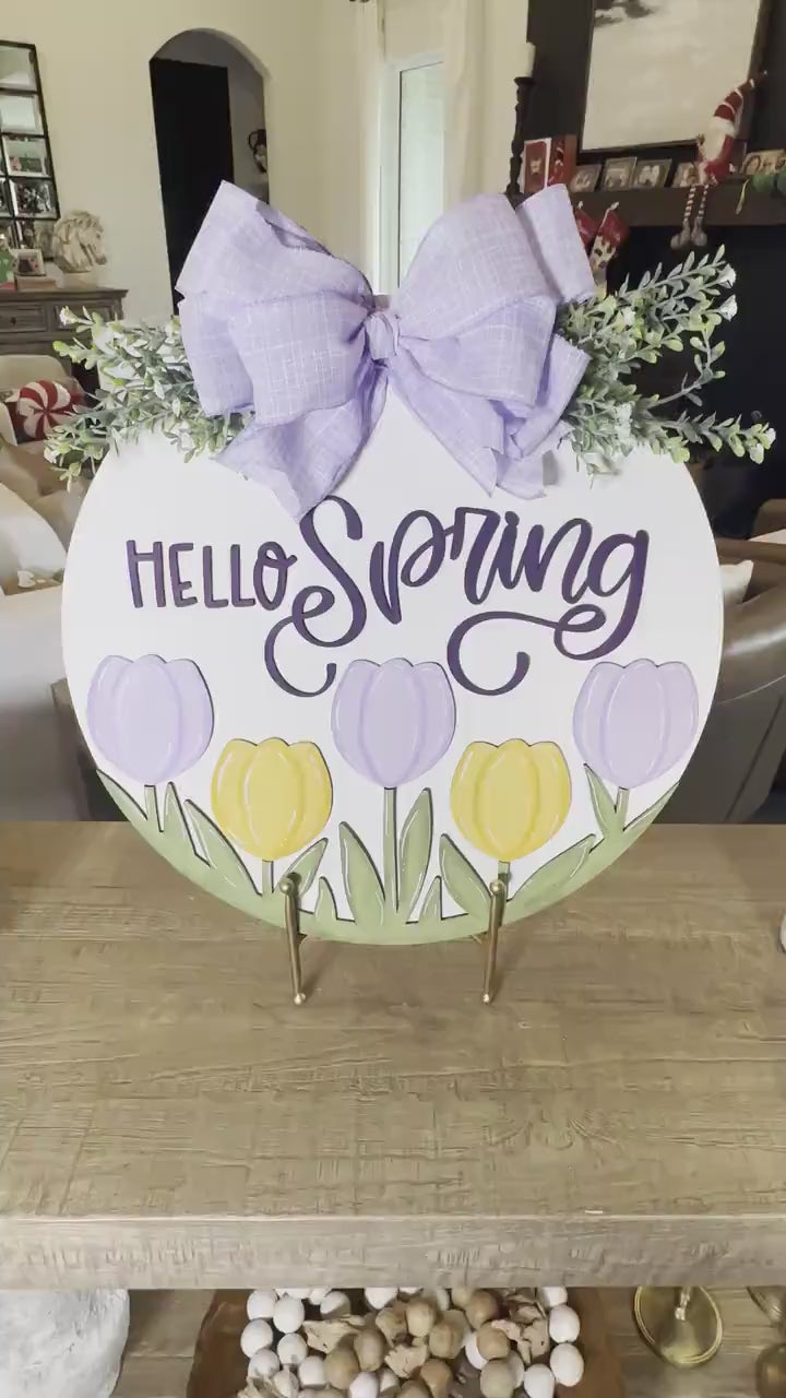 Hello Spring SVG Laser Cut File, Tulip Door Hanger Template, Round Spring Sign Design, Glowforge & Xtool Compatible