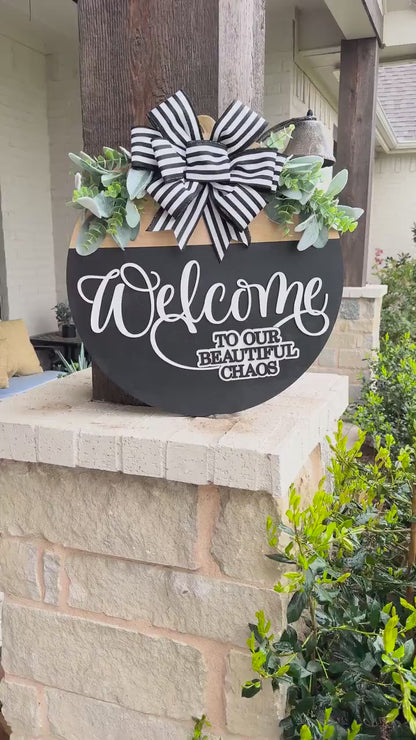 Welcome to Our Beautiful Chaos SVG | Layered Laser Cut File for Round Door Hanger | 3D Welcome Sign SVG for Glowforge & Xtool