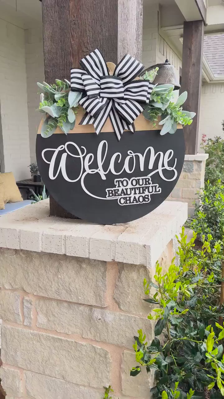 Welcome to Our Beautiful Chaos SVG | Layered Laser Cut File for Round Door Hanger | 3D Welcome Sign SVG for Glowforge & Xtool
