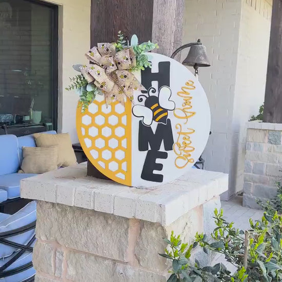 Bee Home Sweet Home SVG Laser File | Honeycomb Round Door Hanger SVG for Laser Cutting | Bumblebee Farmhouse Sign Summer Decor