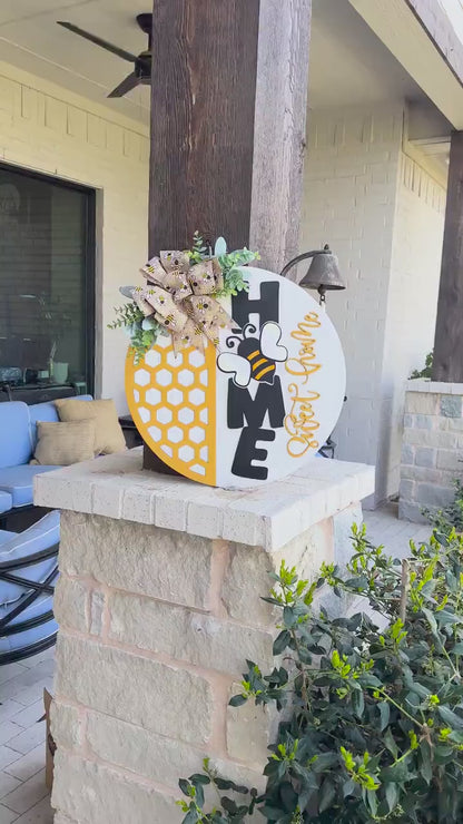 Bee Home Sweet Home SVG Laser File | Honeycomb Round Door Hanger SVG for Laser Cutting | Bumblebee Farmhouse Sign Summer Decor