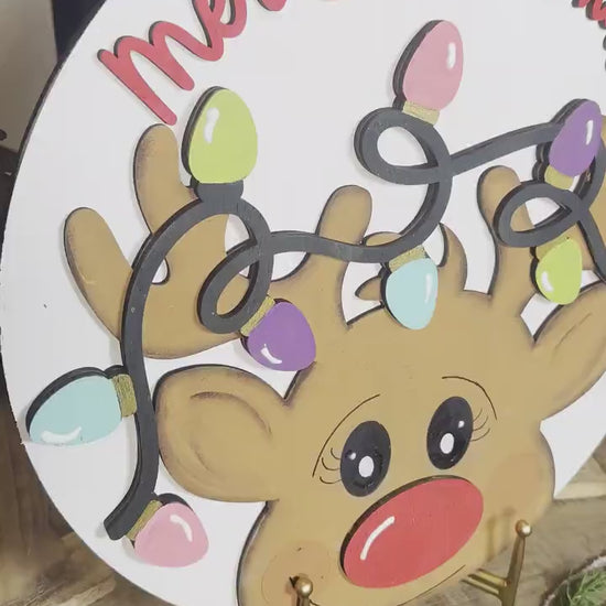 Merry Christmas Reindeer SVG Laser Cut File, Christmas Round Door Hanger, Festive Reindeer Lights Cut File for Laser Machines
