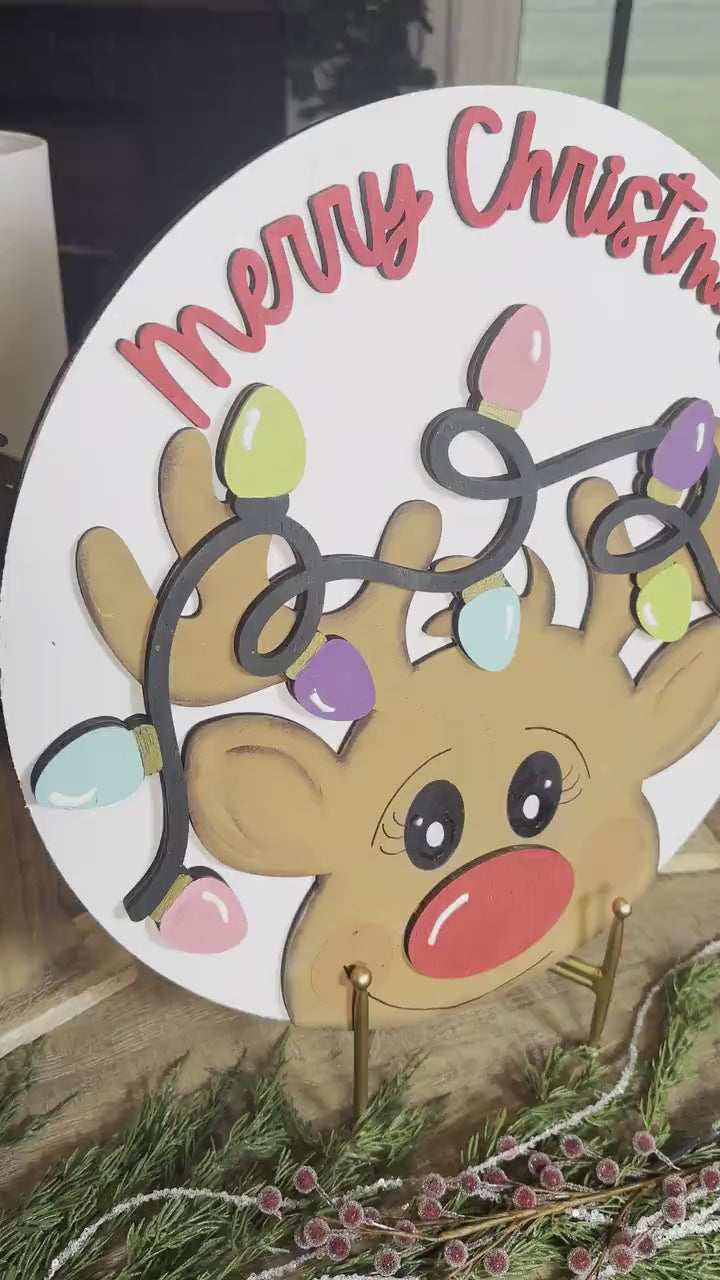 Merry Christmas Reindeer SVG Laser Cut File, Christmas Round Door Hanger, Festive Reindeer Lights Cut File for Laser Machines