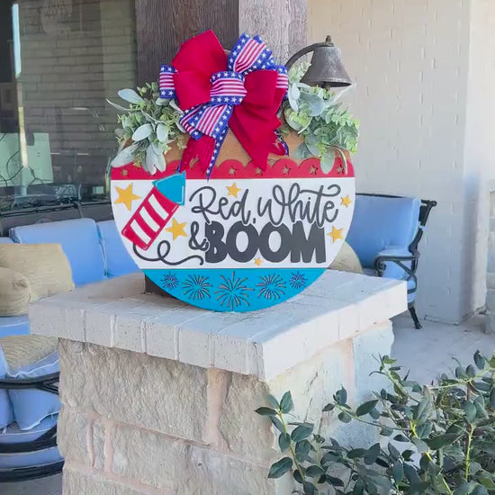 Red White and Boom SVG, Patriotic Door Hanger Laser Cut File, 4th of July SVG, Layered 3D Laser Sign Fireworks Porch Decor, Glowforge, xTool