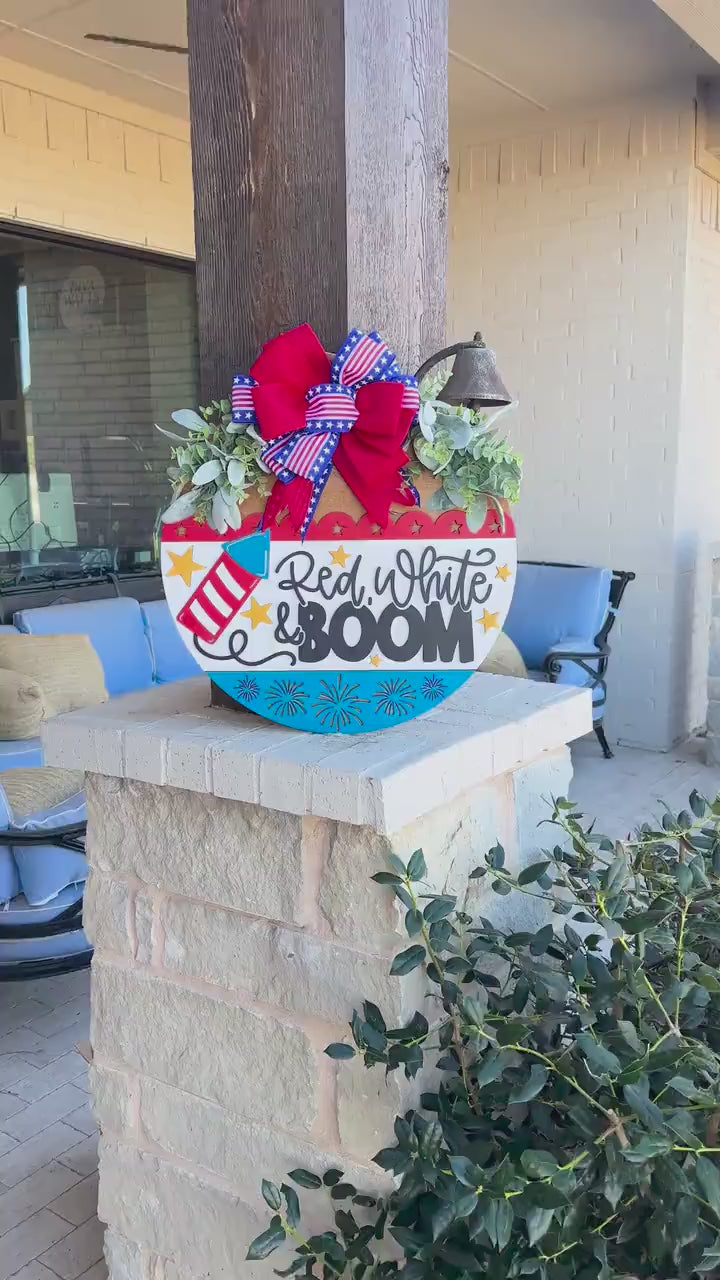 Red White and Boom SVG, Patriotic Door Hanger Laser Cut File, 4th of July SVG, Layered 3D Laser Sign Fireworks Porch Decor, Glowforge, xTool