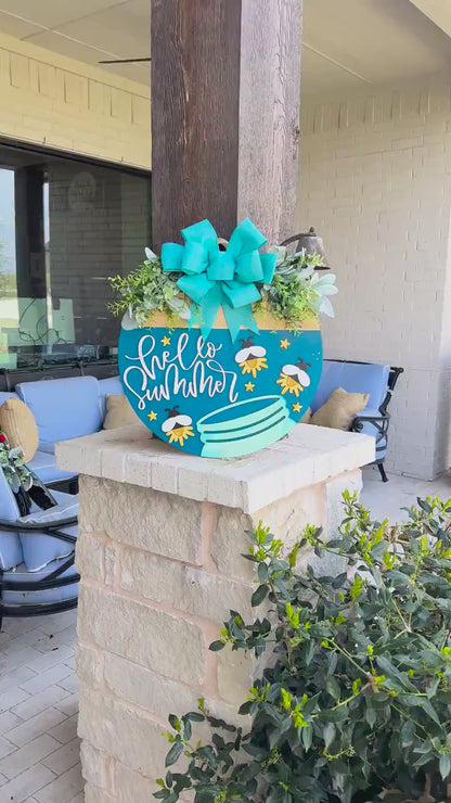 Hello Summer SVG Laser File | Fireflies in Jar Round Door Hanger SVG for Laser Cutting | Layered Summer Porch Sign File for Xtool Glowforge