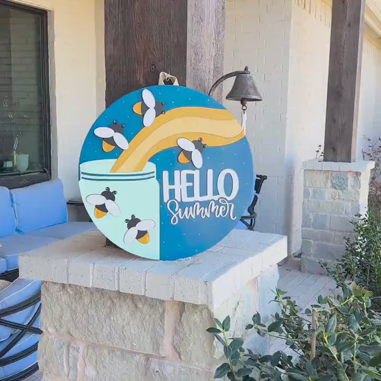 Hello Summer SVG, Firefly Door Hanger Laser Cut File, Summer Porch Sign SVG, Layered 3D Glowforge File, xTool Laser, Mason Jar Firefly Sign