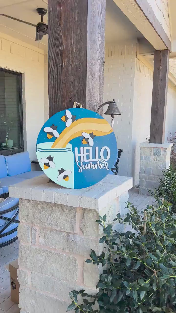 Hello Summer SVG, Firefly Door Hanger Laser Cut File, Summer Porch Sign SVG, Layered 3D Glowforge File, xTool Laser, Mason Jar Firefly Sign