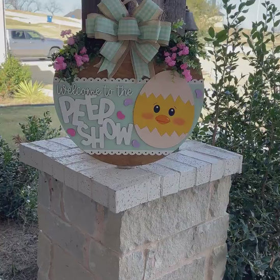 Welcome to the Peep Show Easter Door Hanger SVG – Cute Chick Round Sign Laser Cut File, Spring Home Decor Template, Glowforge & Xtool svg