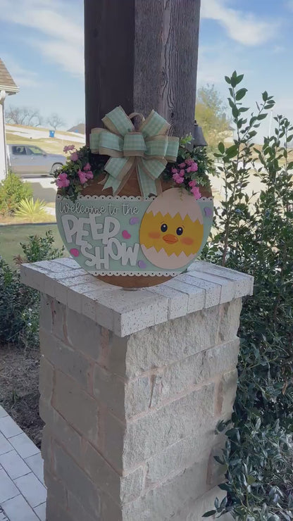 Welcome to the Peep Show Easter Door Hanger SVG – Cute Chick Round Sign Laser Cut File, Spring Home Decor Template, Glowforge & Xtool svg
