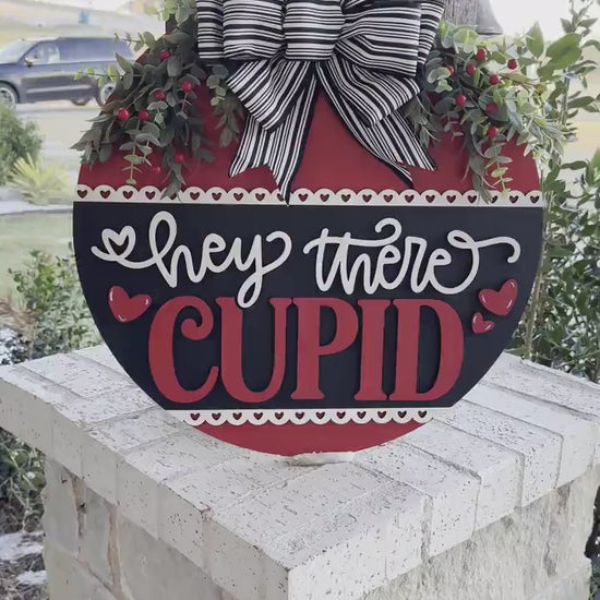 Hey There Cupid Door Hanger SVG | Valentine’s Day Round Door Sign Laser Cut File | Romantic Decor Glowforge SVG