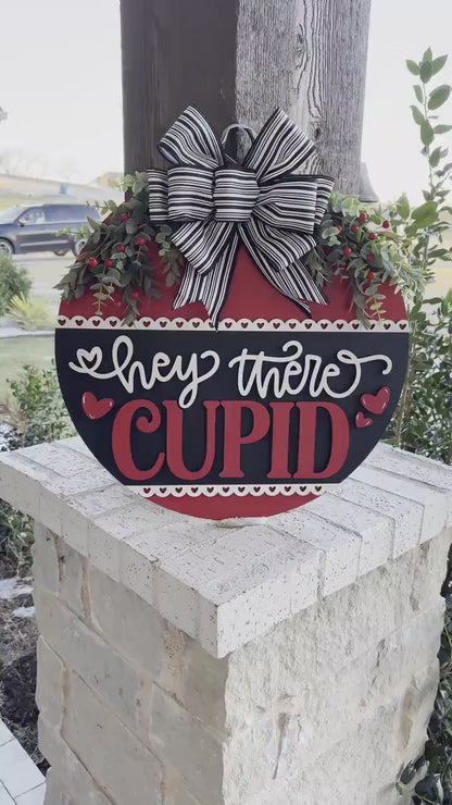 Hey There Cupid Door Hanger SVG | Valentine’s Day Round Door Sign Laser Cut File | Romantic Decor Glowforge SVG