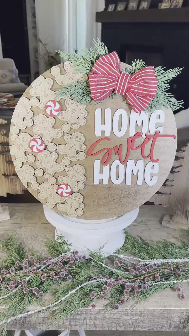Home Sweet Home Gingerbread Men SVG Laser Cut File – Christmas Round Door Hanger Holiday Décor