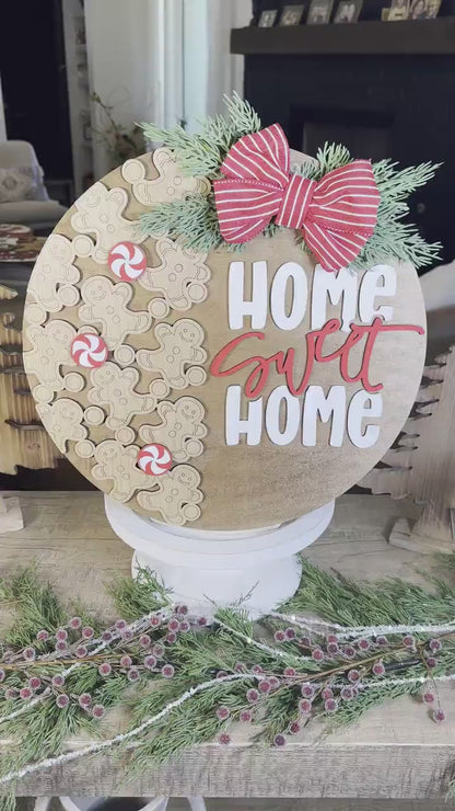 Home Sweet Home Gingerbread Men SVG Laser Cut File – Christmas Round Door Hanger Holiday Décor