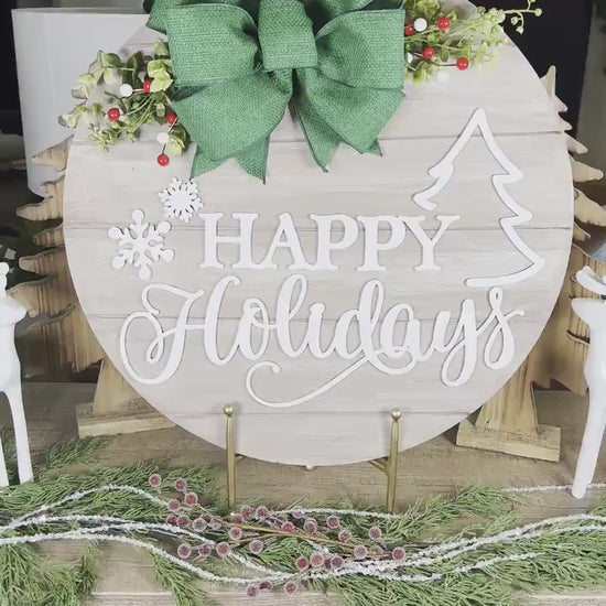 Happy Holidays Laser Cut File SVG | Christmas Door Hanger with Tree & Snowflakes | Holiday Round Sign SVG Laser Template