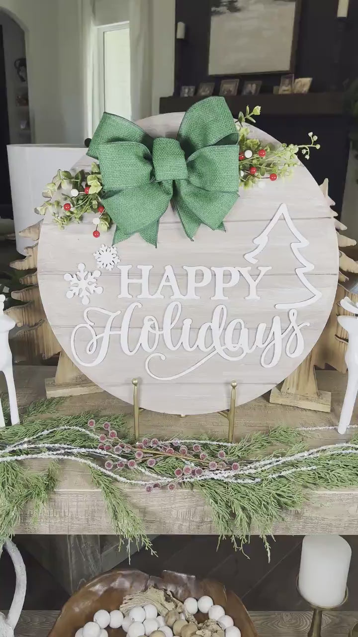 Happy Holidays Laser Cut File SVG | Christmas Door Hanger with Tree & Snowflakes | Holiday Round Sign SVG Laser Template