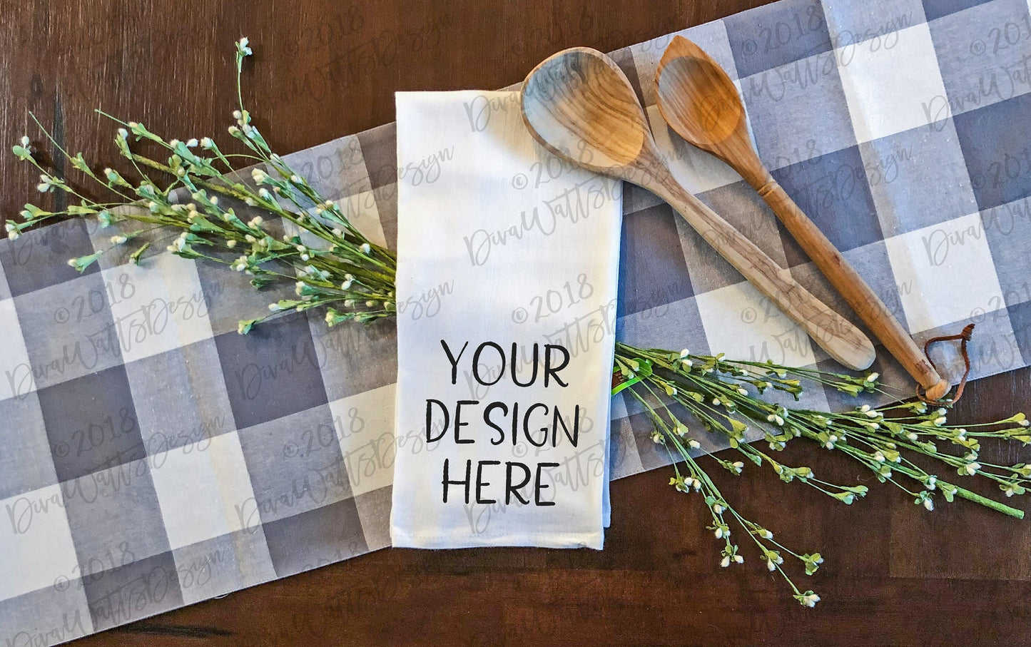 Mock-Up Kitchen Tea Towel | Farmhouse Buffalo Check | Greenery and Wood Spoons | Product Display JPG File | Instant Download