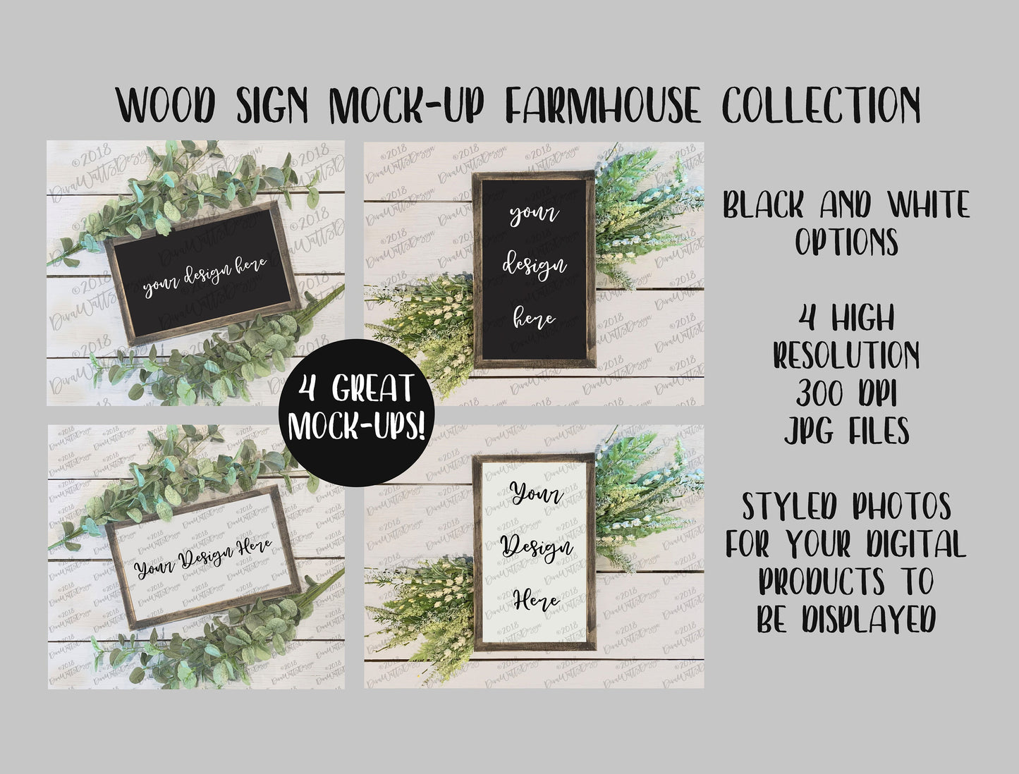 Mock-Up Framed Sign Template Set | Set of 4 JPG Files with White and Black Options | Farmhouse Styled Photos | Instant Download