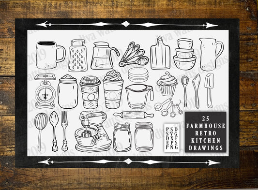 25 Hand Drawn SVG Clipart Farmhouse Kitchen | PSD DXF eps png Cutting Files | Instant Download | Retro Vintage Designs Mason Jar Mixer More