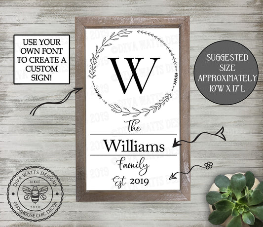 SVG Monogram Last Name Sign | Cutting File | Customize with Your Font | Instant Download | DXF PNG eps | Farmhouse Rustic Wall Decor Wreath