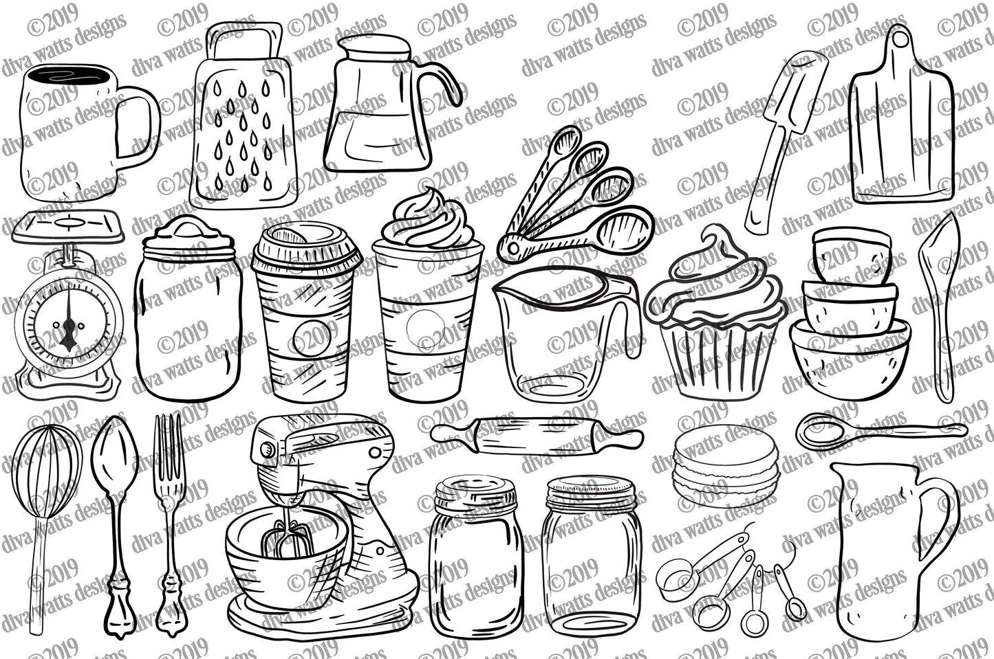 25 Hand Drawn SVG Clipart Farmhouse Kitchen | PSD DXF eps png Cutting Files | Instant Download | Retro Vintage Designs Mason Jar Mixer More
