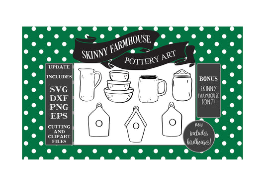 SVG Farmhouse Artwork Bundle Mixing Bowls Mug Pitcher Canister Birdhouse & Skinny Farmhouse Font | Instant Download | DXF Clipart Vinyl PNG