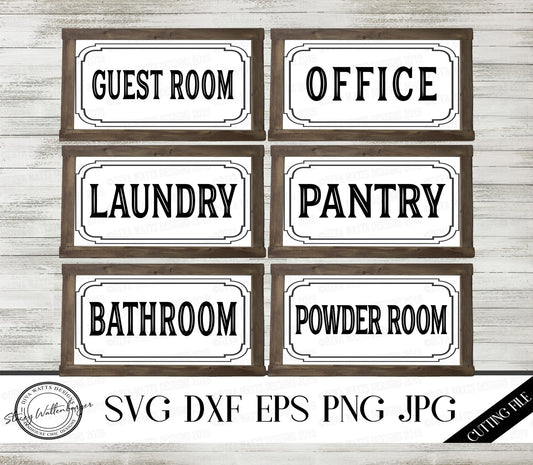SVG Farmhouse Sign Bundle | Bathroom Powder Room Guest Room Office Laundry Pantry | Vintage  Rustic Style Cutting Files DXF PNG