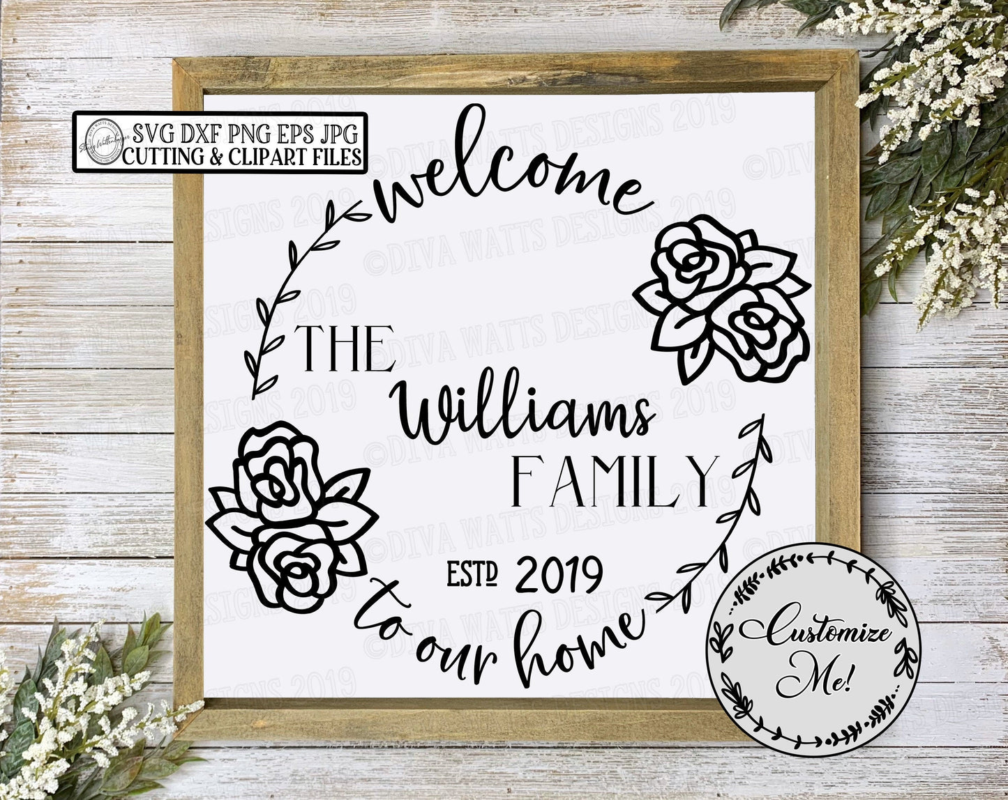 SVG | Family Last Name Cutting File | Welcome To Our Home | Farmhouse Wreath | DXF PNG Printable Vinyl Stencil Instant Download Roses Floral