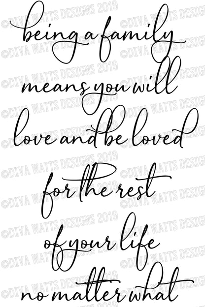 SVG Being A Family Means You Will Love And Be Loved For The Rest Of Your Life No Matter What | Cutting File | EPS PNG | Farmhouse Script