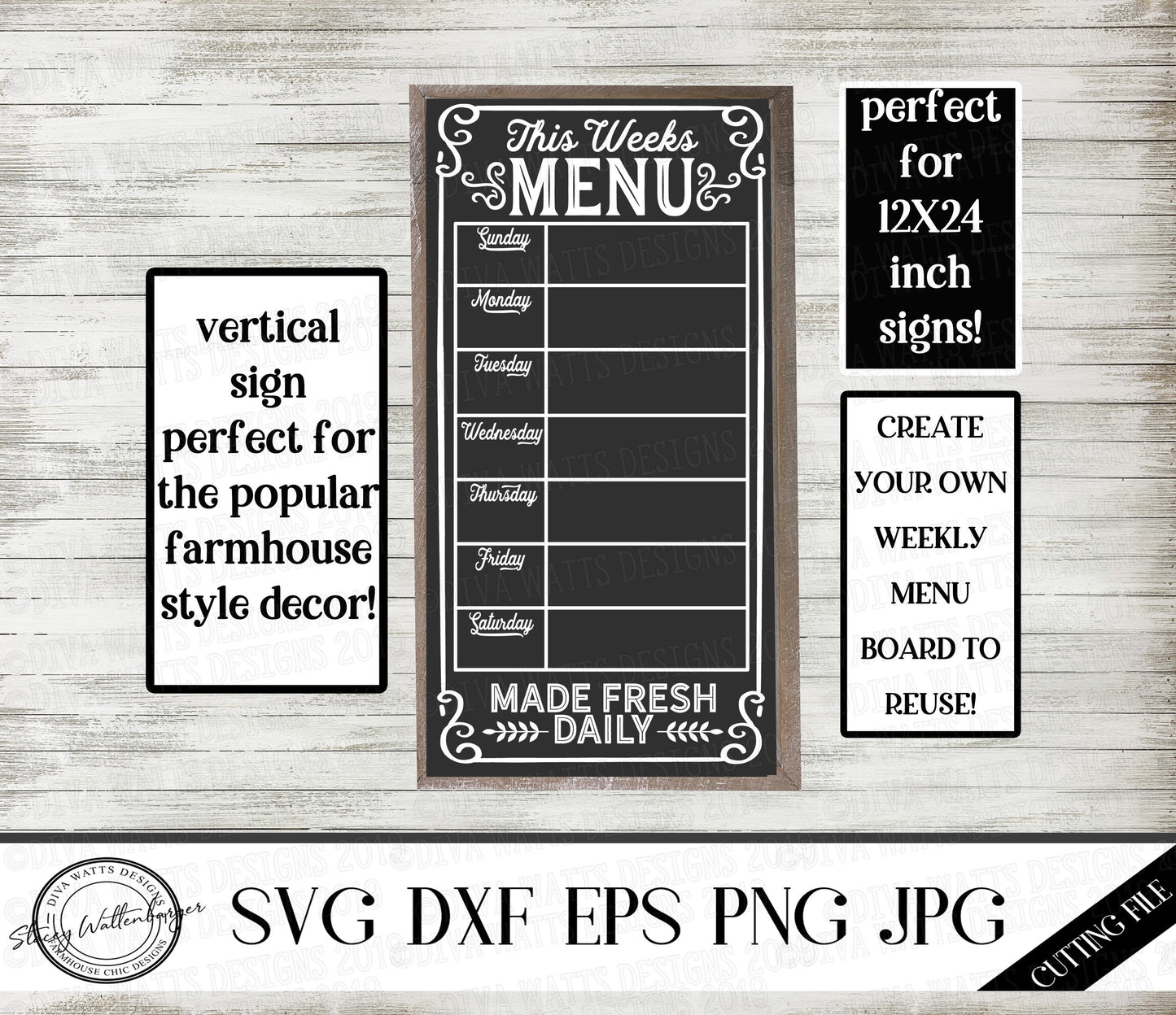 SVG Weekly Menu | Cutting File | Farmhouse Rustic Vintage Style | Instant Download DXF PNG eps | Custom Meal Plan | Kitchen Sign