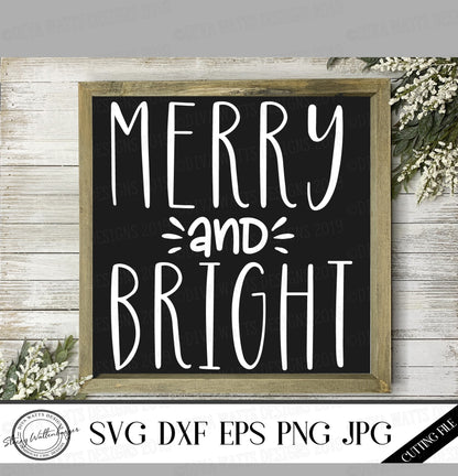 SVG Merry and Bright | Cutting File | Christmas Holiday DXF PNG jpg eps | Sign | Farmhouse Rustic  Vintage Style | Skinny Letters