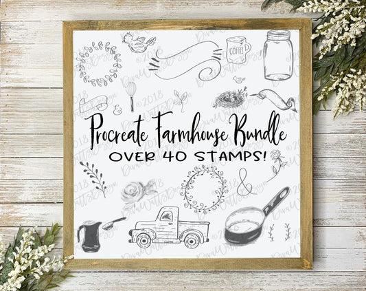 Procreate Stamp Bundle | Farmhouse Rustic  Vintage Style | Over 40 images | Instant Download | Wreaths Mason Jar Truck Laurels
