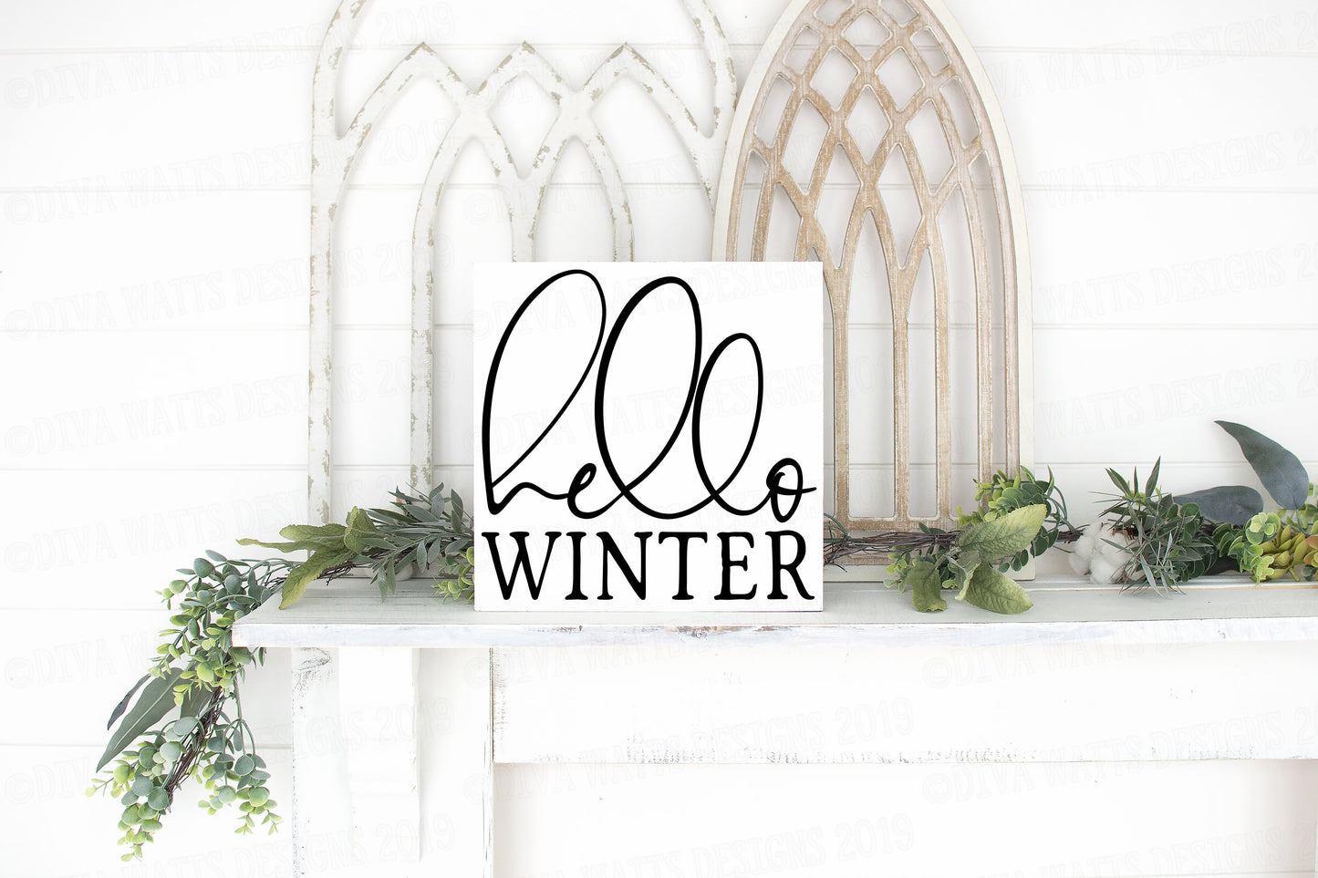 SVG Hello Winter | Cutting File | Christmas | Holiday Season | Square | Farmhouse  | Vinyl Stencil HTV | DXF png eps jpg