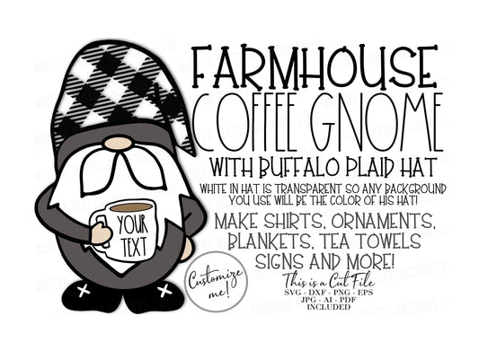 SVG Farmhouse Gnome | Cutting File | Clipart | Buffalo Check Plaid Hat | Coffee Mug | Vinyl Stencil HTV | dxf png eps ai pdf jpg | Customize