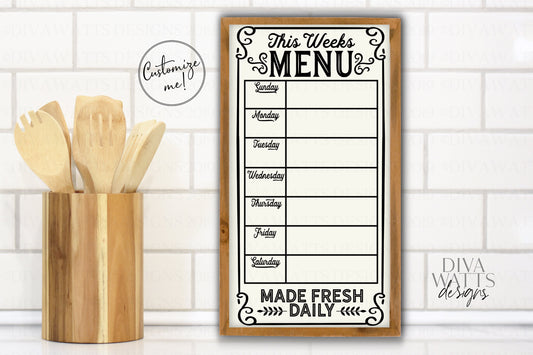 SVG Weekly Menu | Cutting File | Farmhouse Rustic Vintage Style | Instant Download DXF PNG eps | Custom Meal Plan | Kitchen Sign