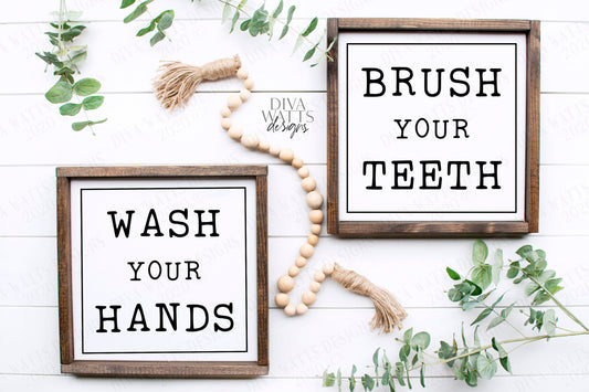 SVG | Wash Your Hands Brush Your Teeth | Cutting Files Set | Modern Farmhouse | Typewriter Bathroom Restroom | Vinyl Stencil HTV | Sign Set