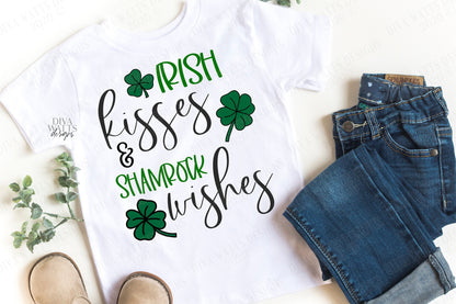 SVG | Irish Kisses & Shamrock Wishes | Cutting File | St Patrick's Patty's Day | 4 Leaf Clover | Vinyl Stencil HTV | Shirt Sign | png eps