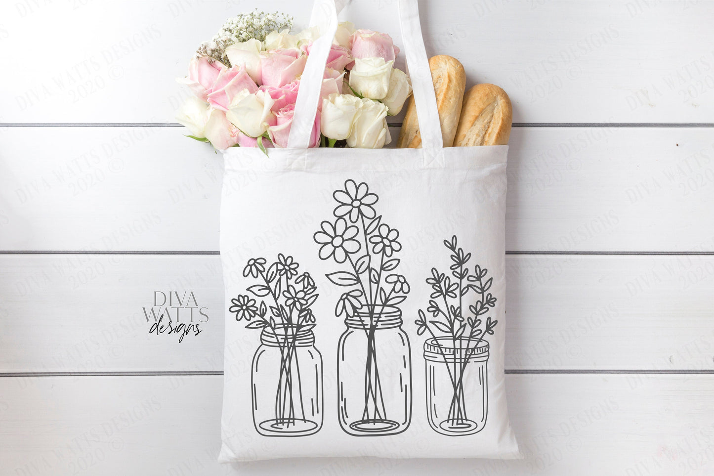 SVG | Mason Jar Bouquet Trio | Cutting File | Farmhouse | Vinyl Stencil HTV | DXF | Sign Tote Shirt | Flowers Floral Arrangement