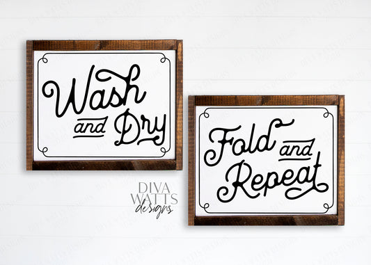 SVG | Laundry Sign Set | Cutting File | Wash and Dry | Fold and Repeat | Retro Vintage Monoline Script | Laundry Room | Farmhouse | dxf eps