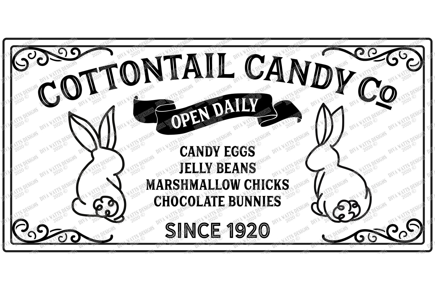 SVG | Cottontail Candy Co | Cutting File | Easter Bunny | Jelly Beans Marshmallow Chicks Chocolate Bunnies Sign | dxf png eps | Open Daily