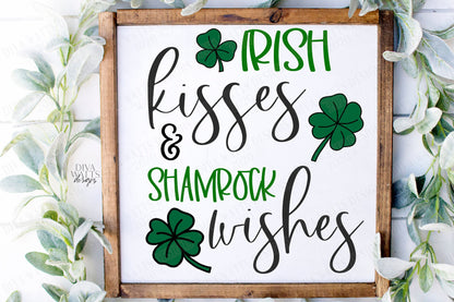 SVG | Irish Kisses & Shamrock Wishes | Cutting File | St Patrick's Patty's Day | 4 Leaf Clover | Vinyl Stencil HTV | Shirt Sign | png eps