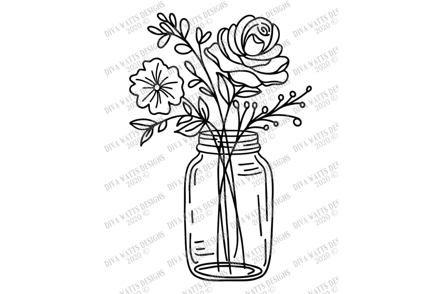 SVG | Mason Jar Floral Arrangement | Cutting File | Bouquet Wildflowers Rose Roses | Flowers | Farmhouse | Sign | Vinyl Stencil HTV EPS png