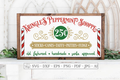 SVG | Kringle's Peppermint Shoppe | Cutting File | Retro Vintage Sign | Candy Canes Sticks Fudge | Christmas | Vinyl Stencil HTV | Santa dxf