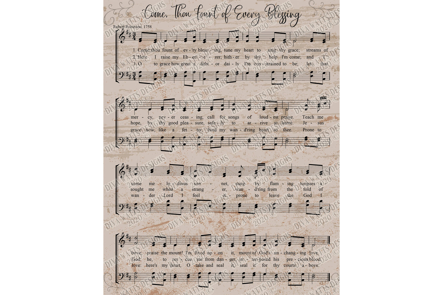 Printable | Come Thou Fount Of Every Blessing | Christian Hymn Sheet Music | Distressed | Vintage Retro Classic | Song Wall Art | You Frame