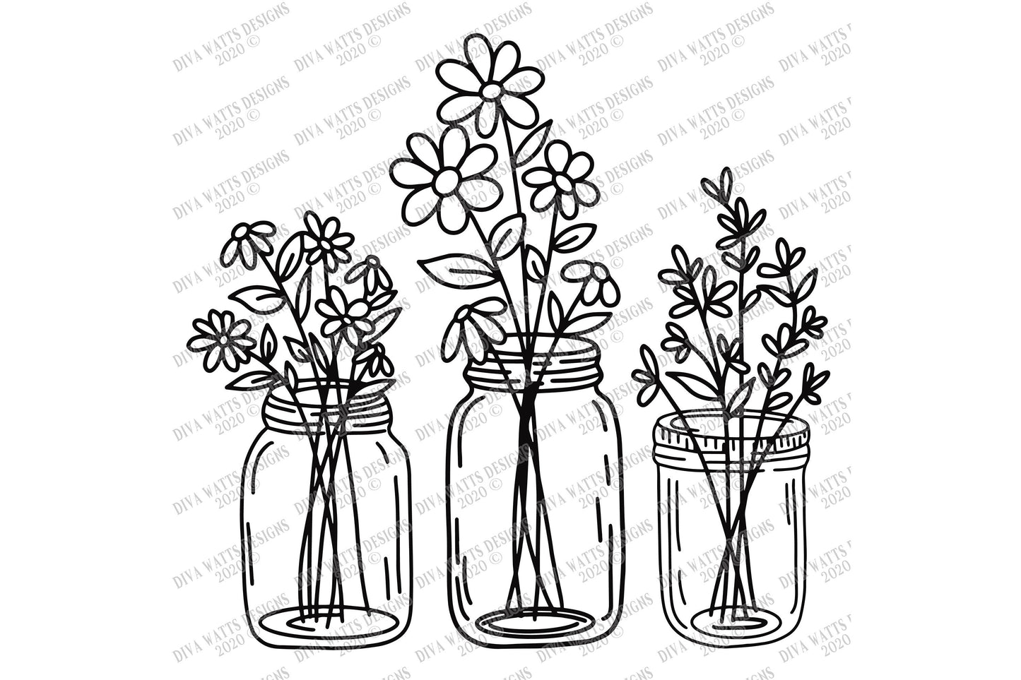 SVG | Mason Jar Bouquet Trio | Cutting File | Farmhouse | Vinyl Stencil HTV | DXF | Sign Tote Shirt | Flowers Floral Arrangement