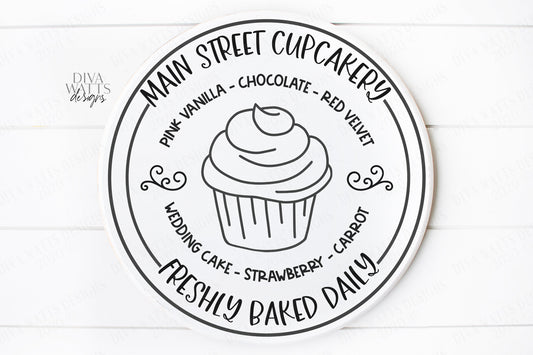 SVG | Main Street Cupcakery | Cutting File | Baking Co | Fresh Baked | Vinyl Stencil HTV | DXF | Farmhouse Round Circle Sign | Cupcakes | ai