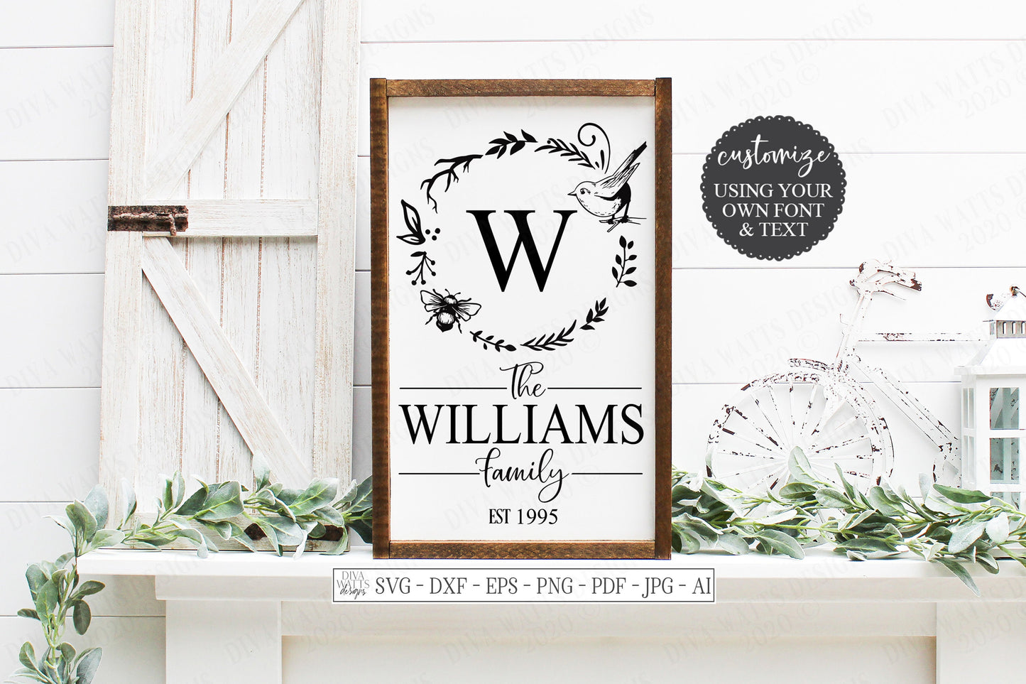 SVG | Monogram Last Name | Cutting File | Bird Bee Farmhouse Rustic Wreath Sign | Customize Using Your Font | DXF EPS | Vinyl Stencil htv